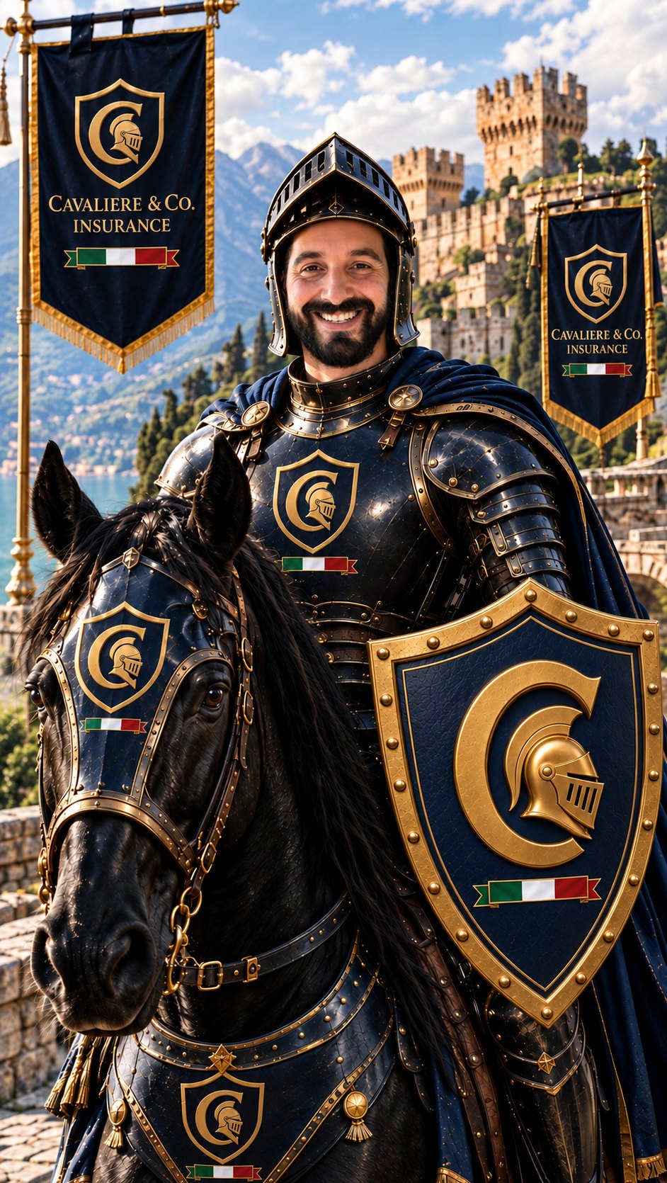 Dino Cavaliere as a knight in navy and gold armor carrying the Cavaliere & Co. shield