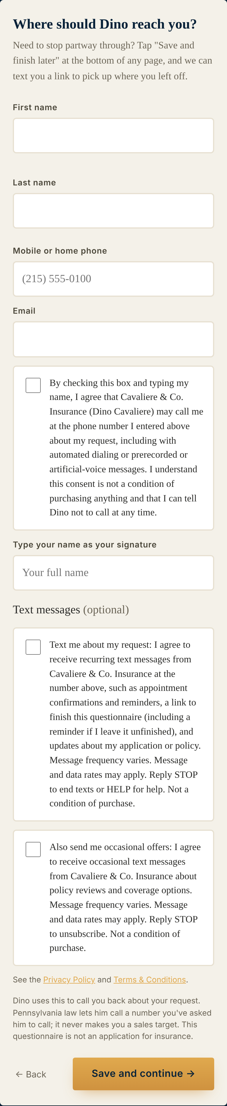 The contact step of the questionnaire with the three consent boxes